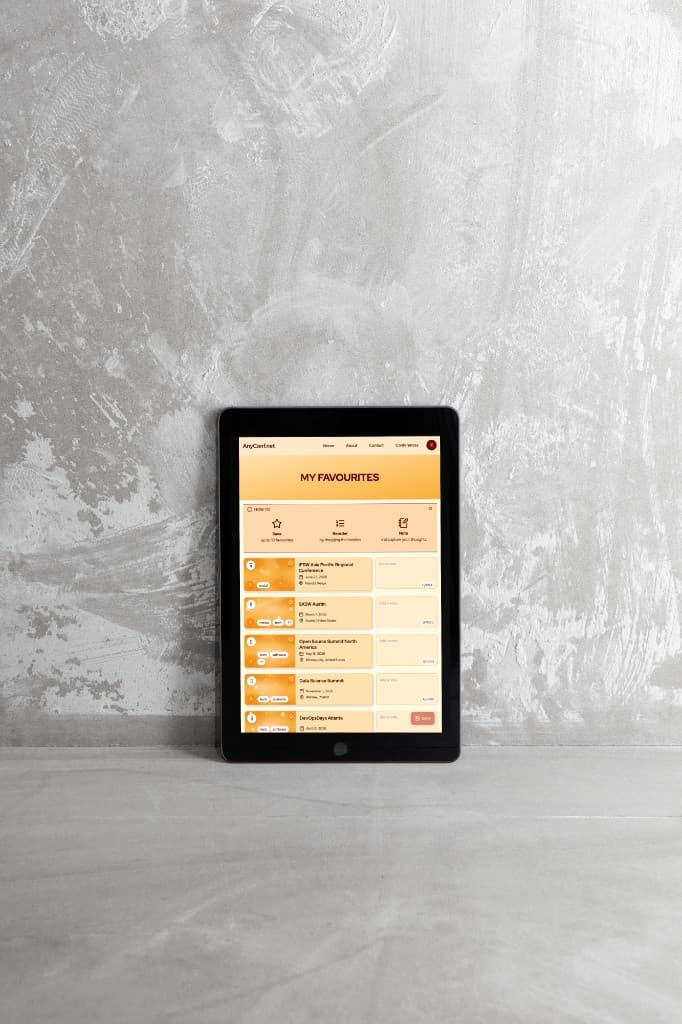 AnyConf.net favourites and saved conferences shortlist on a tablet